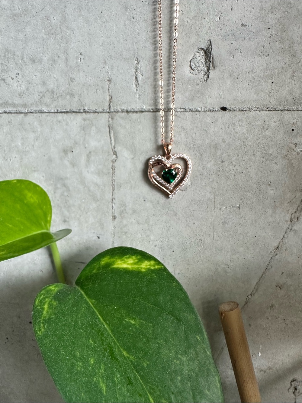 Rose Gold (sterling silver) Heart Pendant Necklace with Emerald Green Stone